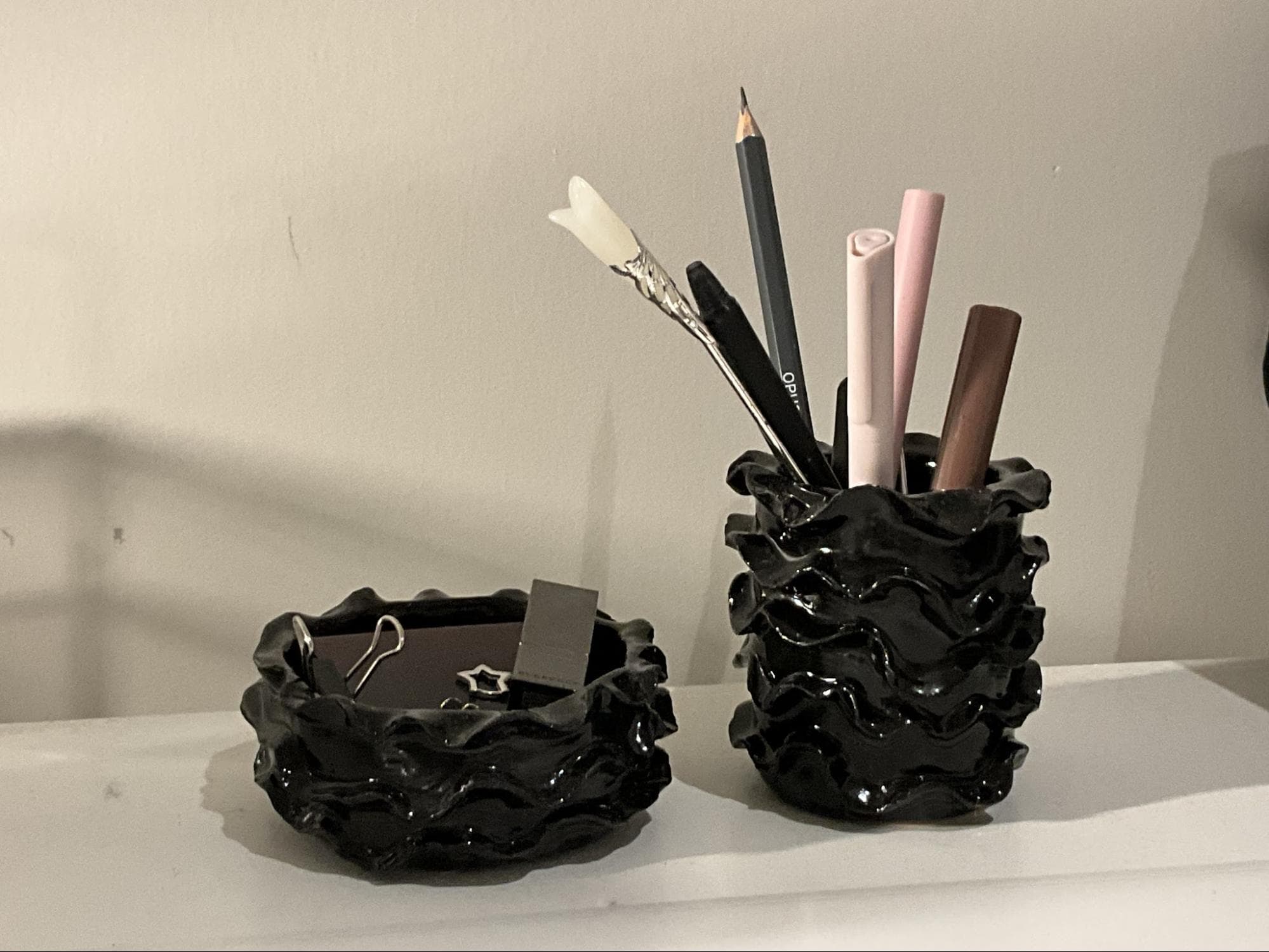 Rippled Set · Handbuilt Cup and Bowl (L212) · Mayco FN009 Black — Ceramic work by RuiXuan Xu — Club