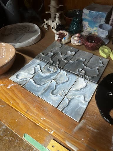Non-functional Kitchen Tiles · wave design · used an array of blue/gray Mayco glazes — Ceramic work by RuiXuan Xu — School